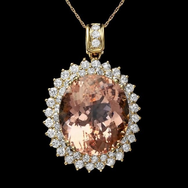 14k Gold 27ct Morganite 3ct Diamond Pendant: Retail: $22,500.00 ****** 14k Gold 27ct Morganite 3ct Diamond Pendant ****** Metal: 14k Solid Yellow Gold / Total Item Weight: 17.0 grams / Country Made: United States / / Main Stone: Morganite / Colo