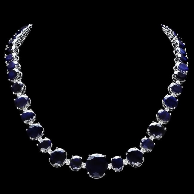 14k Gold 165ct Sapphire 1.8ct Diamond Necklace: Retail: $64,500.00 ****** 14k Gold 165ct Sapphire 1.8ct Diamond Necklace ****** Metal: 14k Solid White Gold / Size: 17 / Total Item Weight: 68.5 grams / Country Made: United States / / Main Stone: