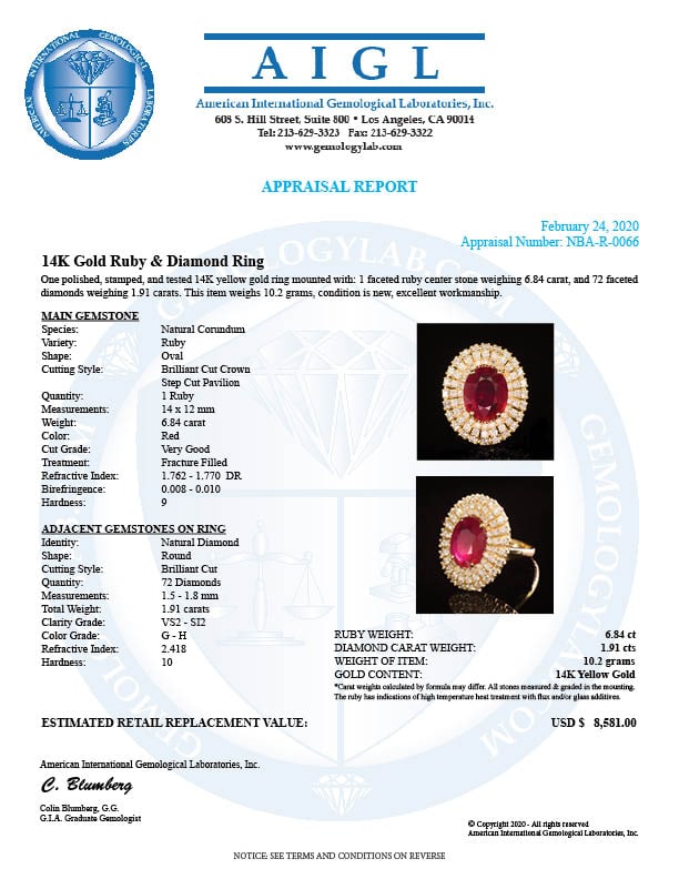 14k Gold 6.84ct Ruby 1.91ct Diamond Ring - 4