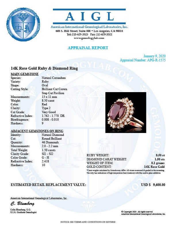 14k Rose Gold 8.50ct Ruby 1.50ct Diamond Ring - 5