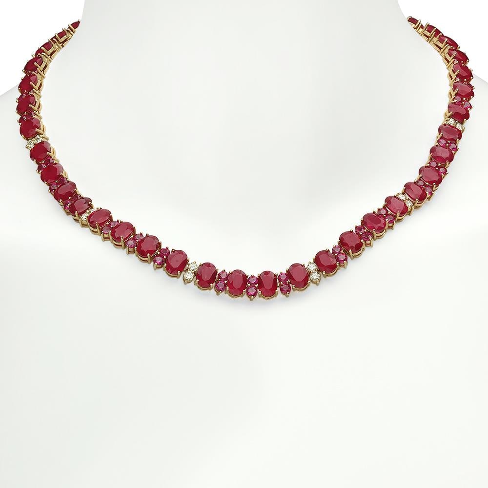 14K Gold 95.98ct Ruby 2.56ct Diamond Necklace: Retail: $44,890.00 ****** 14K Gold 95.98ct Ruby 2.56ct Diamond Necklace ****** Metal: 14K Solid Gold / Total Item Weight: 62.0 grams / Country Made: United States / / Main Stone: Ruby / Color: Red / C
