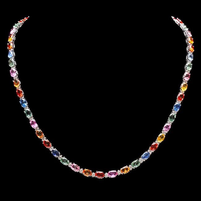 14k Gold 27ct Sapphire 1.20ct Diamond Necklace: Retail: $18,500.00 ****** 14k Gold 27ct Sapphire 1.20ct Diamond Necklace ****** Metal: 14k Solid White Gold / Size: 17 / Total Item Weight: 20.0 grams / Country Made: United States / / Main Stone: