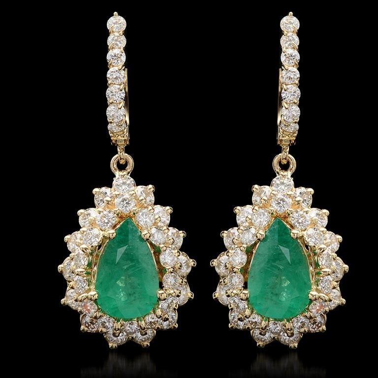 14K Gold 3.45ct Emerald 3.10ct Diamond Earrings (1 of 3)