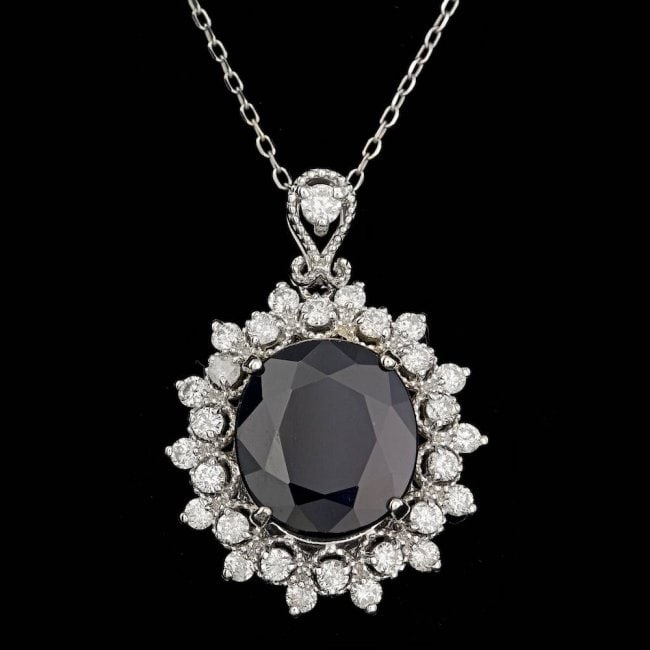 14k Gold 7.00ct Sapphire 0.85ct Diamond Pendant: Retail: $8,800.00 ****** 14k Gold 7.00ct Sapphire 0.85ct Diamond Pendant ****** Metal: 14k Solid White Gold / Size: 18 / Total Item Weight: 6.0 grams / Country Made: United States / / Main Stone: