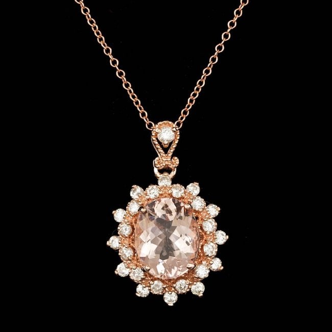 14k Rose 2.50ct Morganite 0.70ct Diamond Pendant: Retail: $4,700.00 ****** 14k Rose 2.50ct Morganite 0.70ct Diamond Pendant ****** Metal: 14k Solid Rose Gold / Size: 18 / Total Item Weight: 4.0 grams / Country Made: United States / / Main Stone: