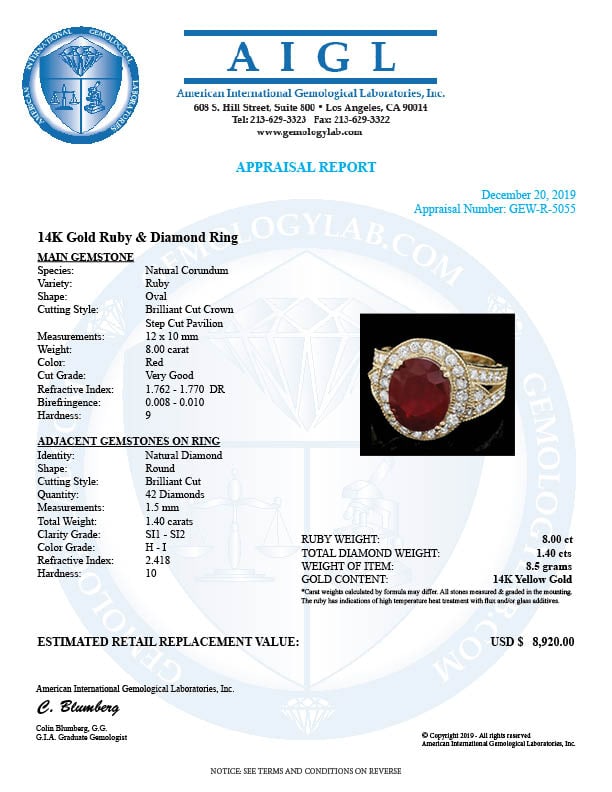 14k Yellow Gold 8.00ct Ruby 1.40ct Diamond Ring - 4
