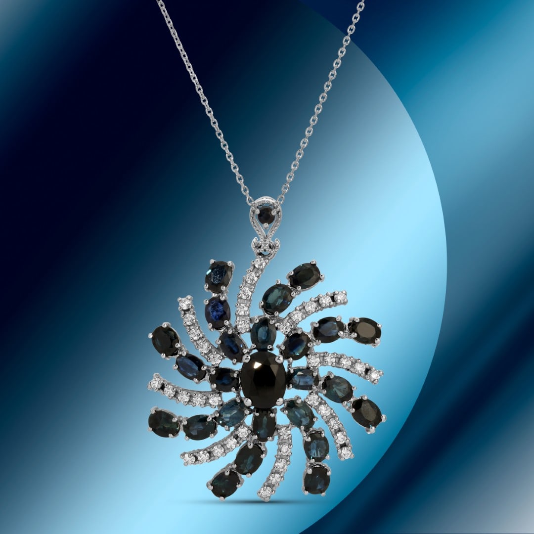 14K Gold 13.28cts Sapphire & 1.00cts Diamond Pendant: Retail: $17,697*****14K Gold Sapphire & Diamond Pendant*****Metal: 14K White Gold/ Total Wt.: 13.9g / Country Made US// Main Stone: Sapphire / Carat Total Wt.: 13.28cts / Treatment: Diffusion / Color: