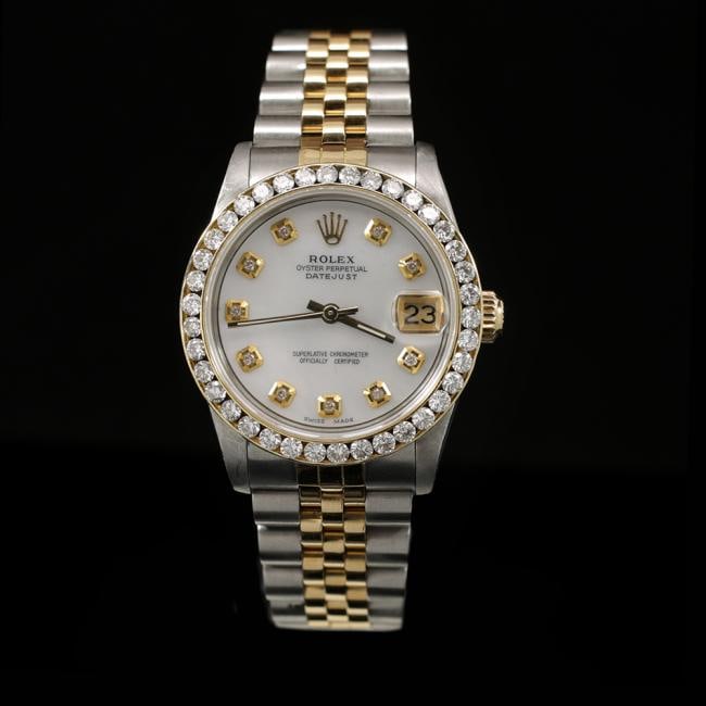 Rolex DateJust Two-Tone 31mm Custom Diamond Bezel Women's Wristwatch: ****** Rolex DateJust Two-Tone 31mm Custom Diamond Bezel Women's Wristwatch ****** One Womens, Rolex DateJust 31mm White â€œMother of Pearlâ€? Diamond Dial And A Beautiful Diamond Bezel W