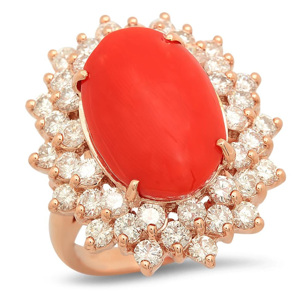 14K Gold 6.39ct Coral 2.41cts Diamond Ring: Retail: $11,180.00 ****** 14K Gold 6.39ct Coral 2.41cts Diamond Ring ****** Metal: 14K Rose Gold / Total Item Weight: 9.9 grams / Country Made: United States / / Main Stone: Coral / Color: Reddish Ora