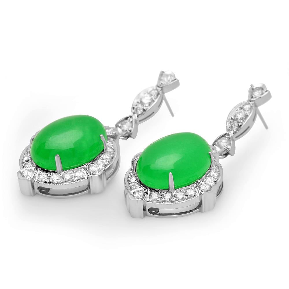 14K Gold 17.86ct Jadeite 1.92cts Diamond Earrings: Retail: $14,731.00 ****** 14K Gold 17.86ct Jadeite 1.92cts Diamond Earrings ****** Metal: 14K White Gold / Total Item Weight: 12.2 grams / Country Made: United States / Main Stone: Jadeite / Color: Gr