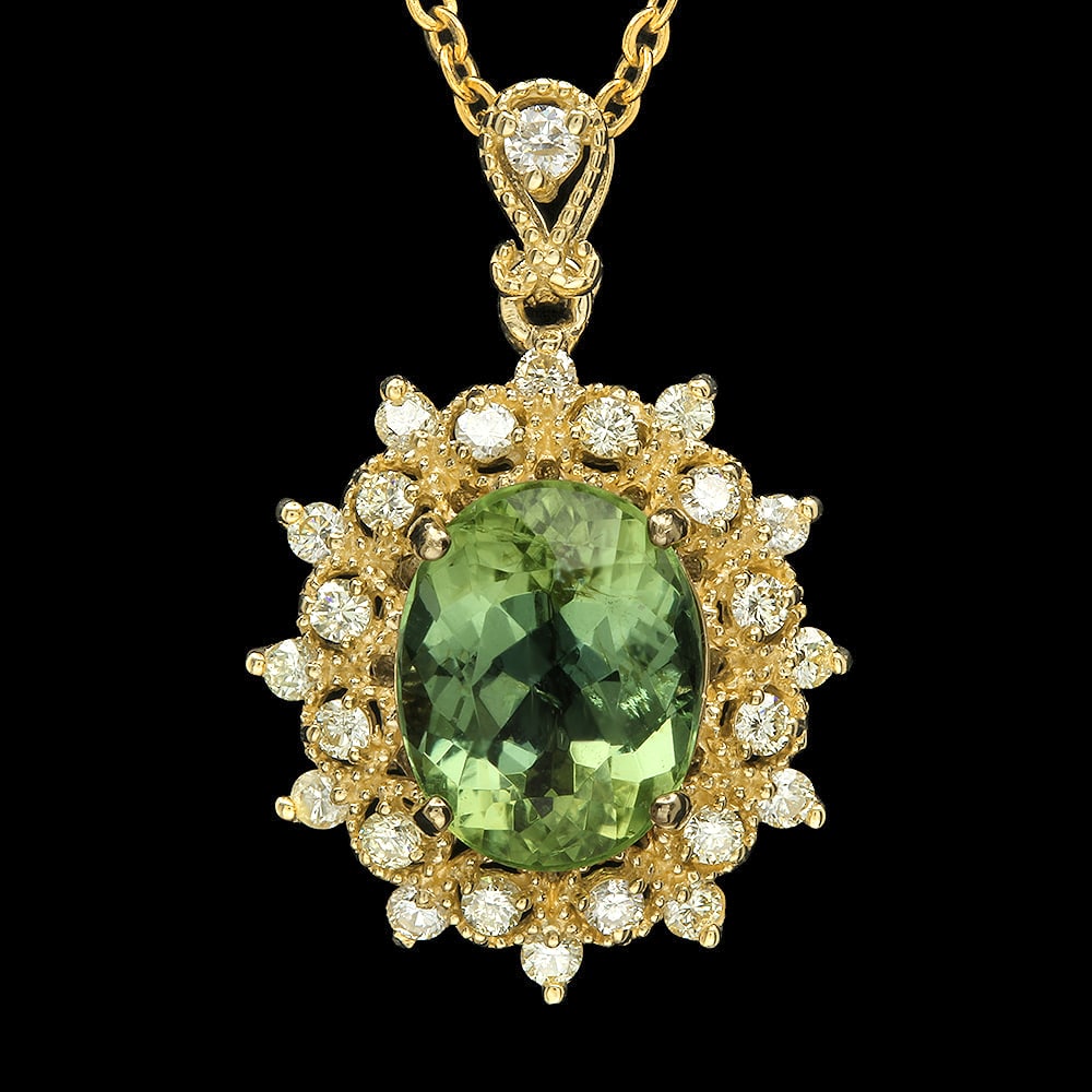 14K Gold 4.06ct Tourmaline 0.62ct Diamond Pendant: Retail: $4,335.00 ****** 14K Gold 4.06ct Tourmaline 0.62ct Diamond Pendant ****** Metal: 14K Solid Gold / Total Item Weight: 4.0 grams / Country Made: United States / / Main Stone: Tourmaline / Color: