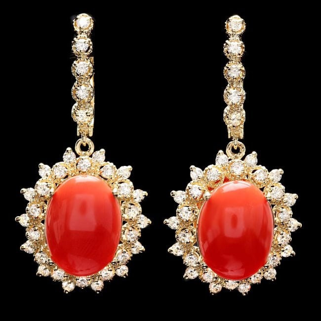 14k Gold 10.50ct Coral 2ct Diamond Earrings (1 of 5)