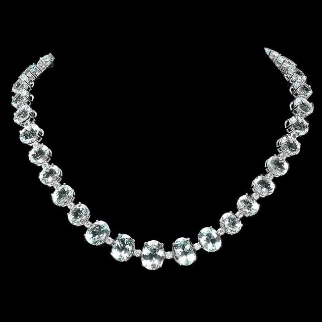 14k Gold 95ct Aquamarine 1.55ct Diamond Necklace: Retail: $31,400.00 ****** 14k Gold 95ct Aquamarine 1.55ct Diamond Necklace ****** Metal: 14k Solid White Gold / Size: 16.5 / Total Item Weight: 57.5 grams / Country Made: United States / / Main Stone:
