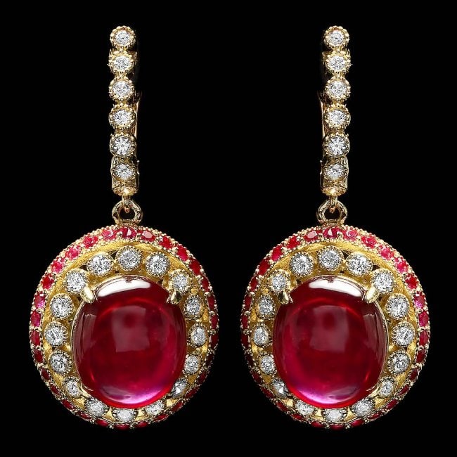 14k Gold 22.3ct Ruby 1.20ct Diamond Earrings: Retail: $8,900.00 ****** 14k Gold 22.3ct Ruby 1.20ct Diamond Earrings ****** Metal: 14k Solid Yellow Gold / Total Item Weight: 14.5 grams / Country Made: United States / / Main Stone: Ruby / Color: Re