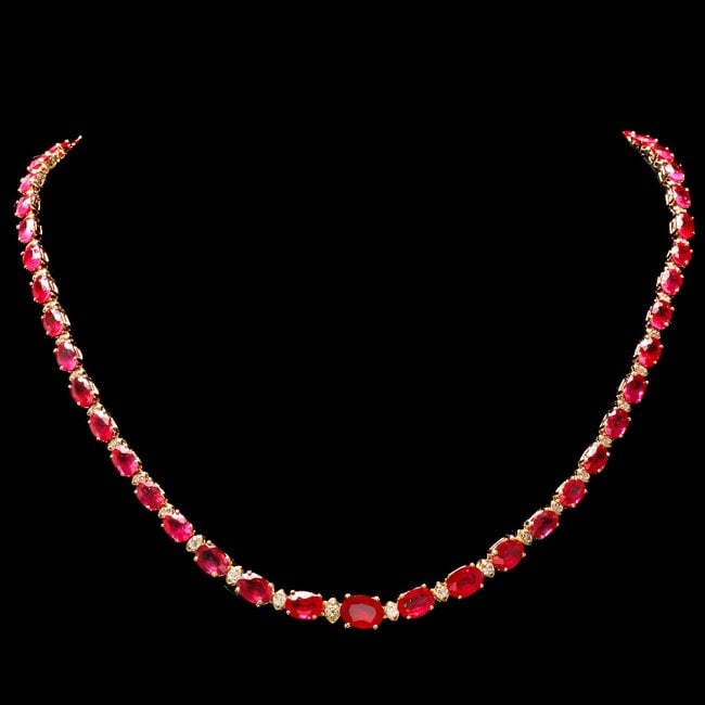 14k Gold 37.00ct Ruby 1.15ct Diamond Necklace: Retail: $17,600.00 ****** 14k Gold 37.00ct Ruby 1.15ct Diamond Necklace ****** Metal: 14k Solid Yellow Gold / Size: 17.5 / Total Item Weight: 23.0 grams / Country Made: United States / / Main Stone: R