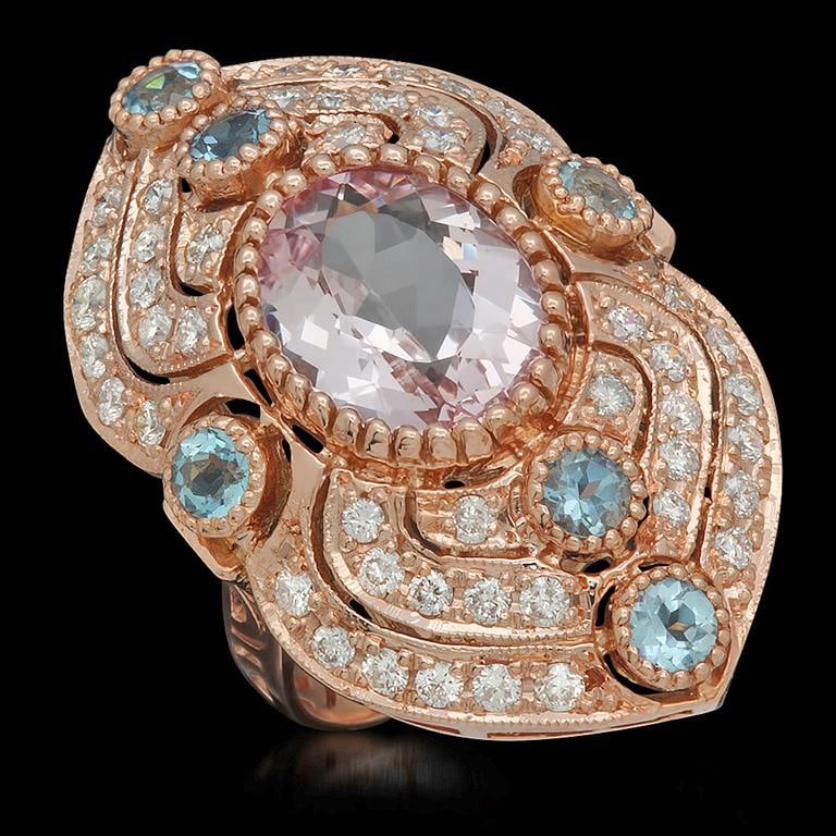 14K Gold 4.76ct Kunzite, 0.90ct Aquamarine 1.30ct Diamond Ring: Retail: $9,985.00 ******Kunzite, Aquamarine & Diamond Ring ****** Metal: 14K Solid Rose Gold / Total Item Weight: 11.7 grams / Country Made: United States / / Main Stone: Kunzite / Color: Very Light P