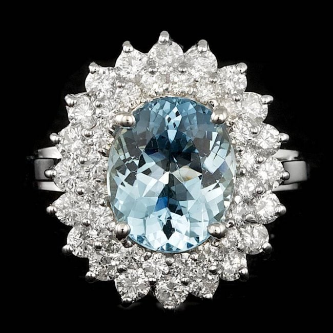 14k Gold 3.00ct Aquamarine 1.60ct Diamond Ring: Retail: $12,100.00 ****** 14k Gold 3.00ct Aquamarine 1.60ct Diamond Ring ****** Metal: 14k Solid White Gold / Size: 7 / Total Item Weight: 6.5 grams / / Main Stone: Aquamarine / Color: Aqua / Carat To