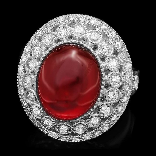 14k White Gold 10.00ct Ruby 1.25ct Diamond Ring: Retail: $8,200.00 ****** 14k White Gold 10.00ct Ruby 1.25ct Diamond Ring ****** Metal: 14k Solid White Gold / Size: 7.25 / Total Item Weight: 11.5 grams / Country Made: United States / / Main Stone: R