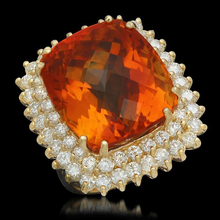 14K Gold 27.43ct Citrine 2.92ct Diamond Ring: Retail: $19,870.00 ******14K Gold Citrine & Diamond Ring ****** Metal: 14K Solid Yellow Gold / Total Item Weight: 16.6 grams / Country Made: United States / / Main Stone: Citrine/ Color: Orange / Cara