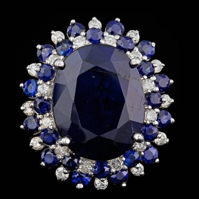 14k White Gold 13ct Sapphire 0.50ct Diamond Ring: Retail: $17,800.00 ****** 14k White Gold 13ct Sapphire 0.50ct Diamond Ring ****** Metal: 14k Solid White Gold / Size: 7 / Total Item Weight: 8.3 grams / Country Made: United States / / Main Stone: Sap