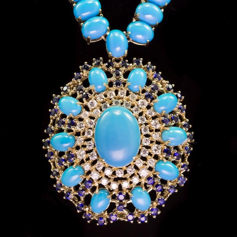 95.85ct Turquoise, 3.35ct Sapphire 1.78ct Diamond Necklace: Retail: $48,857.00 ****** Turquoise, Sapphire & Diamond Necklace ****** Total Item Weight: 66.0 grams / Country Made: United States / / Main Stone: Turquoise/ Color: Blue / Carat Total Weight: 95.85 /