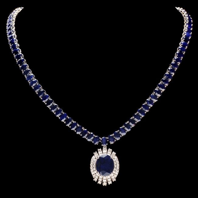 14k Gold 58ct Sapphire 1.80ct Diamond Necklace: Retail: $42,500.00 ****** 14k Gold 58ct Sapphire 1.80ct Diamond Necklace ****** Metal: 14k Solid White Gold / Size: 17 / Total Item Weight: 35.5 grams / Country Made: United States / / Main Stone: Sap