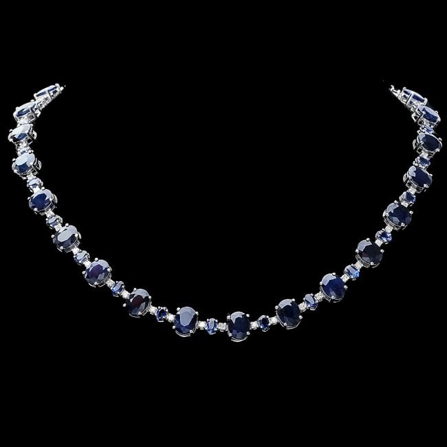 14k Gold 63ct Sapphire 2.10ct Diamond Necklace: Retail: $33,850.00 ****** 14k Gold 63ct Sapphire 2.10ct Diamond Necklace ****** Metal: 14k Solid White Gold / Size: 16.5 / Total Item Weight: 44.0 grams / Country Made: United States / / Main Stone: S