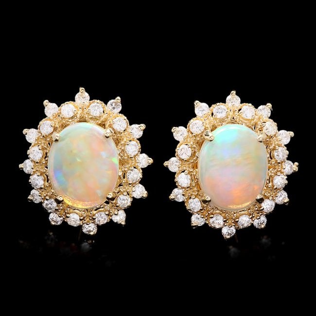14k Gold 4.00ct Opal 1.30ct Diamond Earrings: Retail: $8,500.00 ****** 14k Gold 4.00ct Opal 1.30ct Diamond Earrings ****** Metal: 14k Solid Yellow Gold / Total Item Weight: 10.0 grams / Country Made: United States / / Main Stone: Opal / Color: Wh