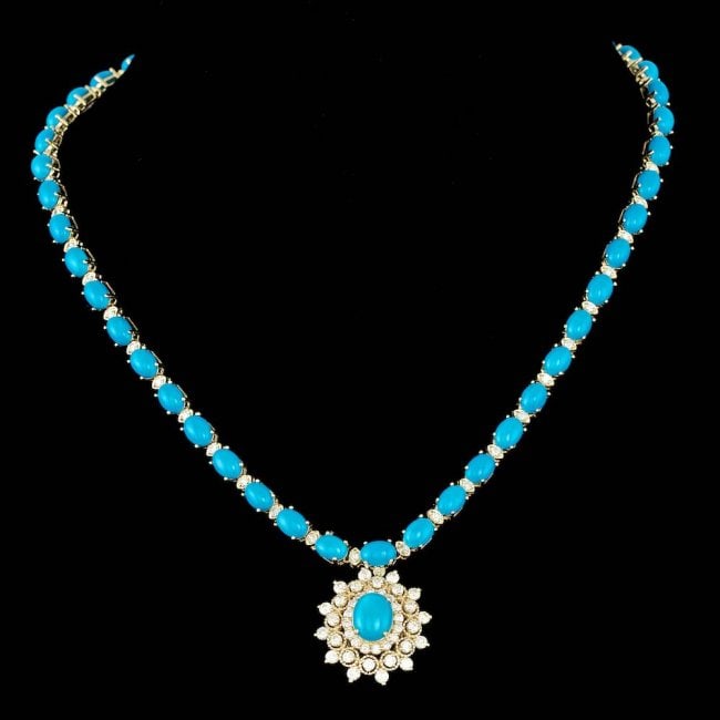14k Gold 53.5ct Turquoise 5.20ct Diamond Necklace: Retail: $37,400.00 ****** 14k Gold 53.5ct Turquoise 5.20ct Diamond Necklace ****** Metal: 14k Solid Yellow Gold / Size: 17 / Total Item Weight: 44.0 grams / / Main Stone: Turquoise / Color: Blue / Car
