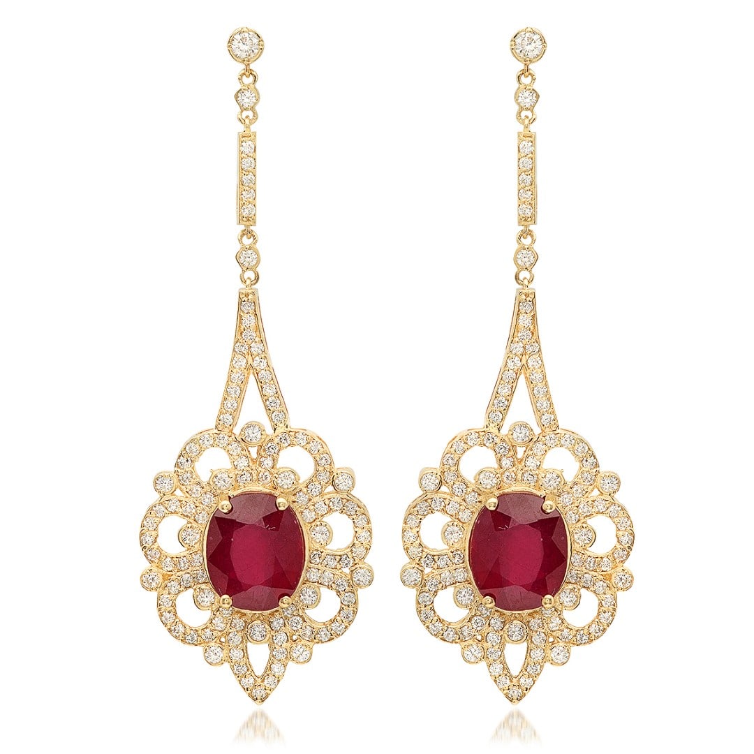 14K Yellow Gold, 8.10cts Ruby, 2.67cts Diamond Earring: Retail: $18,365.00****** 14K Yellow Gold, 8.10cts Ruby, 2.67cts Diamond Earring******* Metal: 14K Yellow Gold/ Country Made USA// Main Stone: Ruby/ Adjacent Stone: Diamond/ Main Stone Wt.: 8.10cts/ Ad