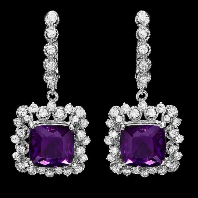 14k Gold 10.00ct Amethyst 2.00ct Diamond Earrings: Retail: $9,400.00 ****** 14k Gold 10.00ct Amethyst 2.00ct Diamond Earrings ****** Metal: 14k Solid White Gold / Total Item Weight: 9 grams / Country Made: United States / / Main Stone: Amethyst / Colo