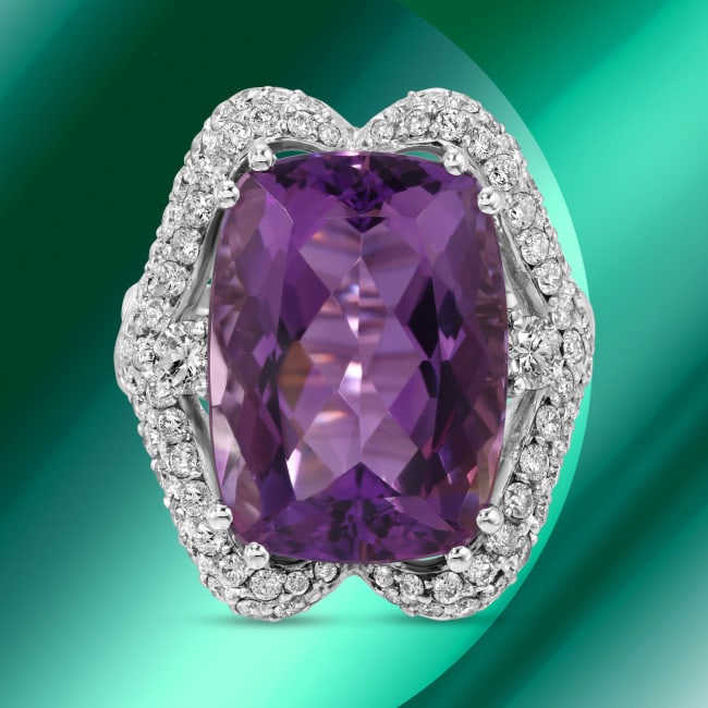 14k Gold 14.19ct Amethyst 1.48ct Diamond Ring: Retail: $12,590.00 ****** 14k Gold 14.19ct Amethyst 1.48ct Diamond Ring ****** Metal: 14k Solid White Gold / Size: 7 / Total Item Weight: 14.4 grams / Country Made: / / Main Stone: Amethyst / Color: P