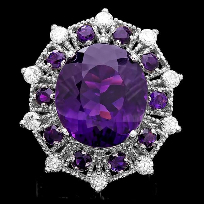 14k Gold 13.65ct Amethyst 1ct Diamond Ring: Retail: $9,875.00 ******* 14k Gold 13.65ct Amethyst 1ct Diamond Ring ****** Metal: 14k Solid White Gold / Size: 7.25 / Total Item Weight: 11.0 grams / Country Made: USA / / Main Stone: Amethyst / Colo