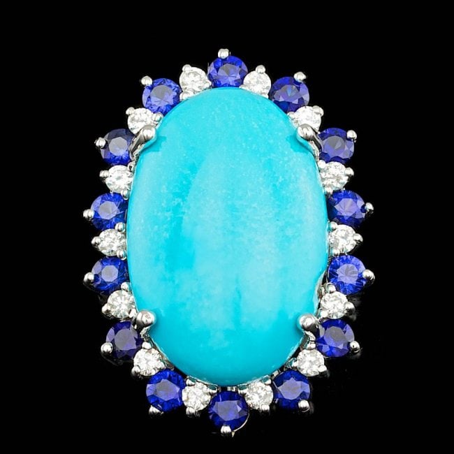 14k Gold 17.50ct Turquoise 0.60ct Diamond Ring: Retail: $14,800.00 ****** 14k Gold 17.50ct Turquoise 0.60ct Diamond Ring ****** Metal: 14k Solid White Gold / Size: 7 / Total Item Weight: 13.0 grams / Country Made: United States / / Main Stone: Turq