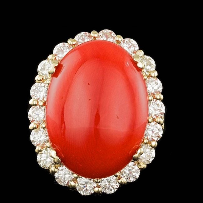 14k Yellow Gold 12.50ct Coral 2.30ct Diamond Ring: Retail: $25,800.00 ****** 14k Yellow Gold 12.50ct Coral 2.30ct Diamond Ring ****** Metal: 14k Solid Yellow Gold / Size: 7 / Total Item Weight: 11.5 grams / Country Made: United States / / Main Stone: 