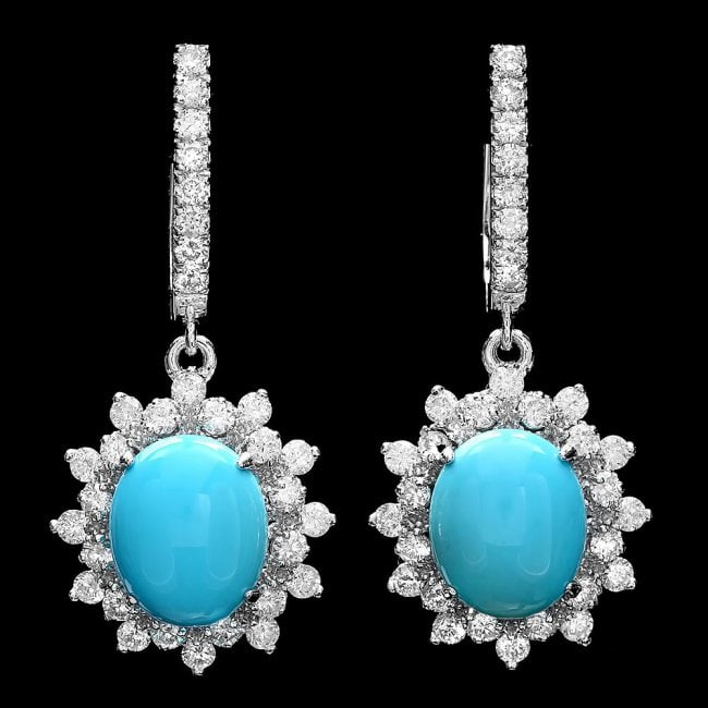 14k Gold 4.00ct Turquoise 1.70ct Diamond Earrings: Retail: $7,500.00 ****** 14k Gold 4.00ct Turquoise 1.70ct Diamond Earrings ****** Metal: 14k Solid White Gold / Total Item Weight: 8.3 grams / / Main Stone: Turquoise / Color: Blue / Carat Total Weigh