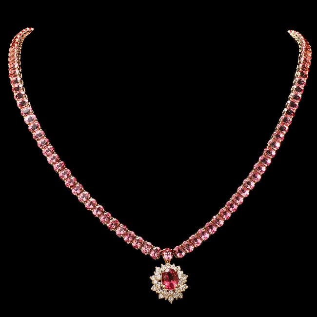 14k Gold 44ct Tourmaline 1.40ct Diamond Necklace: Retail: $26,500.00 ****** 14k Gold 44ct Tourmaline 1.40ct Diamond Necklace ****** Metal: 14k Solid Yellow Gold / Size: 17.5 / Total Item Weight: 33.0 grams / Country Made: United States / / Main Stone