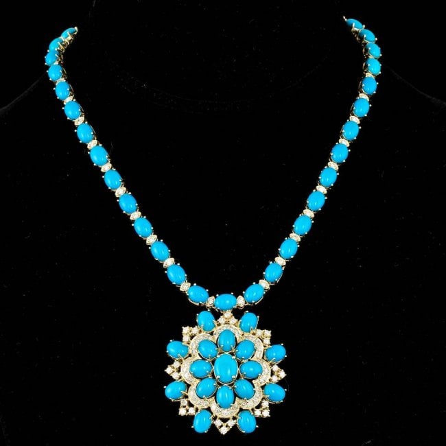 14k 64.00ct Turquoise 5.00ct Diamond Necklace: Retail: $49,700.00 ****** 14k 64.00ct Turquoise 5.00ct Diamond Necklace ****** Metal: 14k Solid Yellow Gold / Size: 17 / Total Item Weight: 54.0 grams / / Main Stone: Turquoise / Color: Blue / Carat T