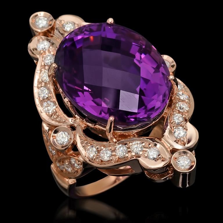 14K Gold 17.75ct Amethyst & 1.10ct Diamond Ring: Retail: $10,720.00******14K Gold Amethyst & Diamond Ring ****** Metal: 14K Solid Rose Gold / Total Item Weight: 12.8 grams / Country Made: United States / / Main Stone: Amethyst / Color: Purple / Cara