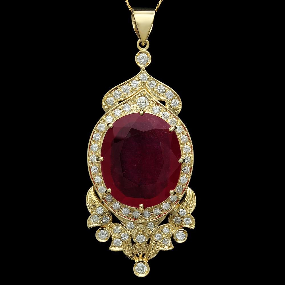 14K Gold 26.79ct Ruby 1.68ct Diamond Pendant: Retail: $16,330.00 ****** 14K Gold 26.79ct Ruby 1.68ct Diamond Pendant ****** Metal: 14K Solid Gold / Total Item Weight: 21.1 grams / Country Made: United States / / Main Stone: Ruby / Color: Red / Ca