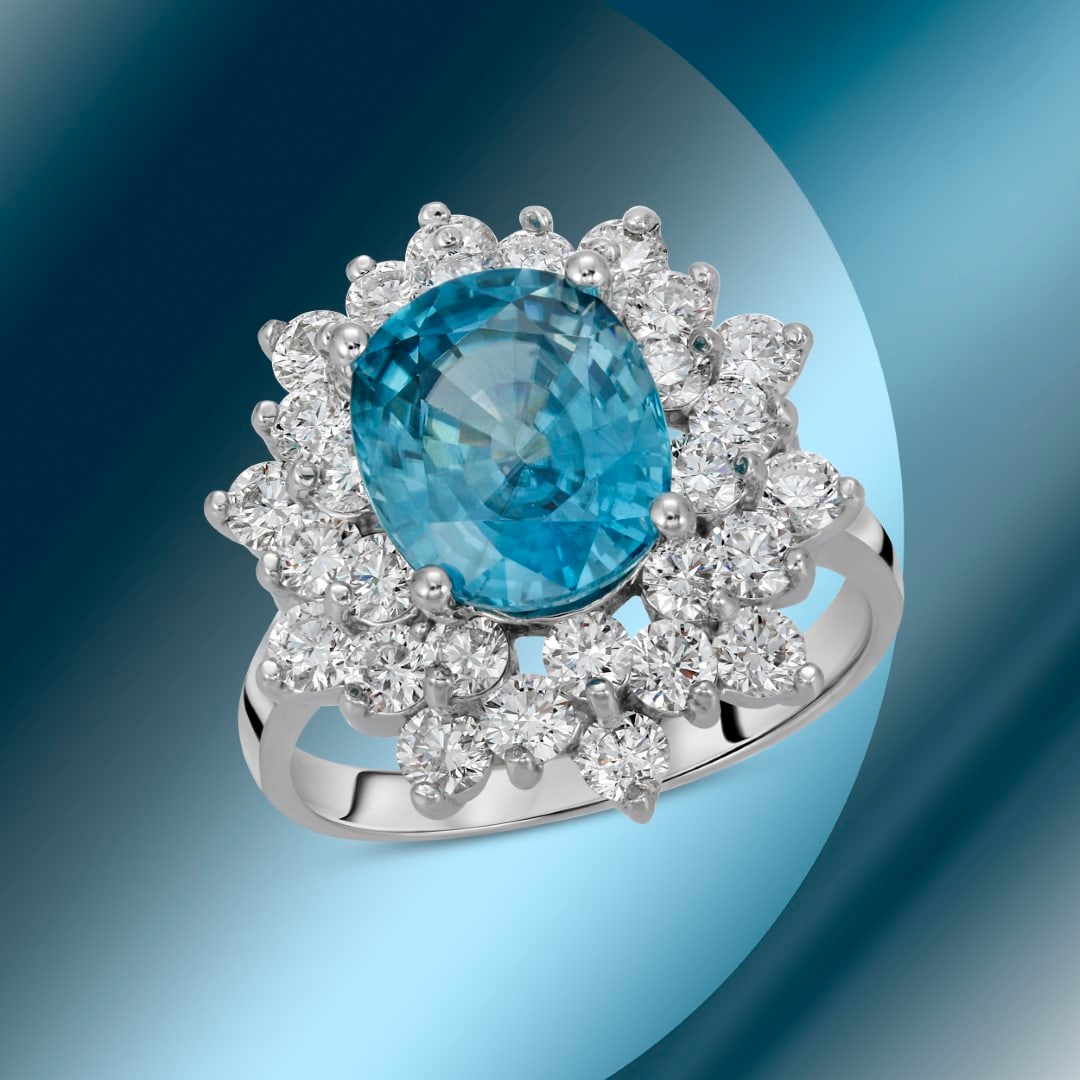 14K Gold 6.44cts Blue Zircon & 1.71cts Diamond Ring: Retail: $9,732***** 14K Gold 6.44cts Blue Zircon & 1.71cts Diamond Ring****** Metal: 14K White Gold/ Total Wt.: 6.6g/ Country Made USA// Main Stone: Zircon/ Carat Total Wt: 6.44cts / Treatment: None/ 
