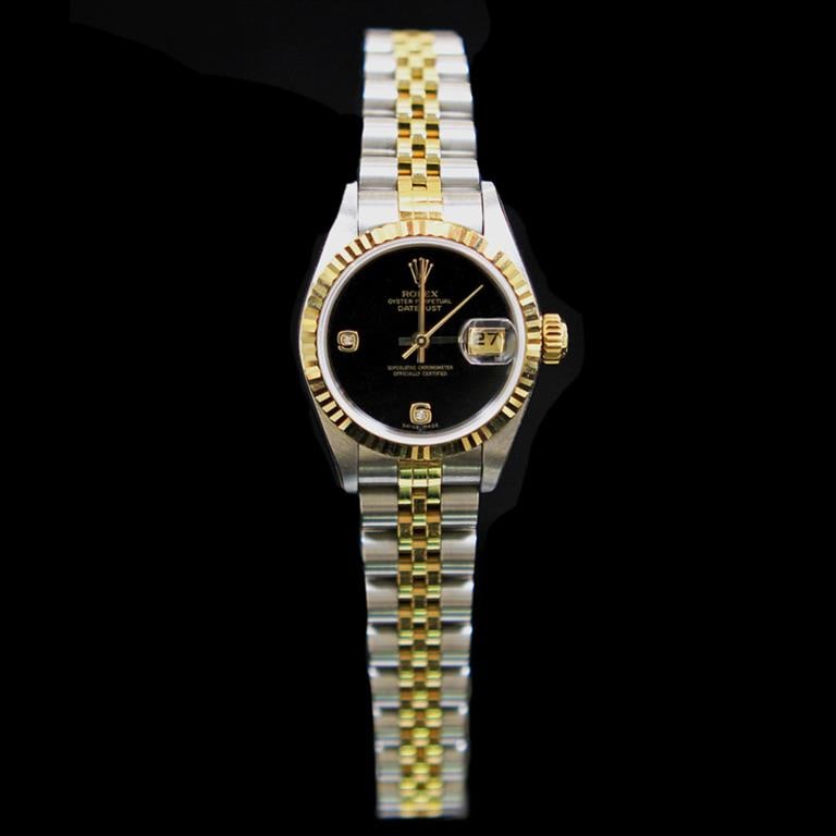 Rolex Two-Tone DateJust 26mm Factory (2) Diamonds Black Onix Dial Womens Wristwatch: ****** Rolex Two-Tone DateJust 26mm Factory (2) Diamonds Black Onix Dial Womens Wristwatch ****** (Rare) One Womens, Rolex Two-Tone DateJust 26mm Factory (2) Diamonds Black Onix Dial Wristwatch Stainl