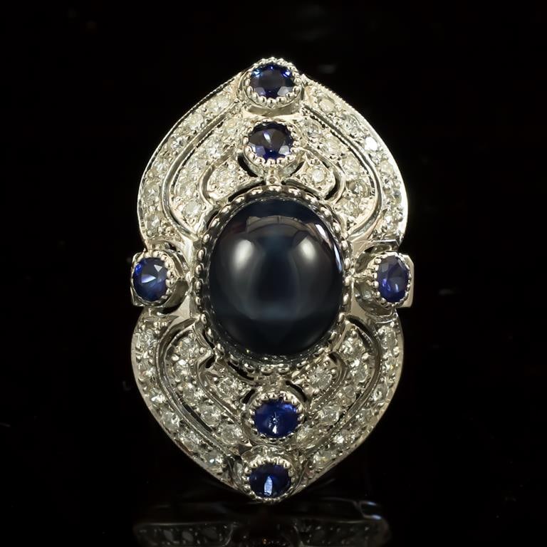 14K Gold 12.60ct Star Sapphire, 0.55ct Sapphire 1.41ct Diamond Ring