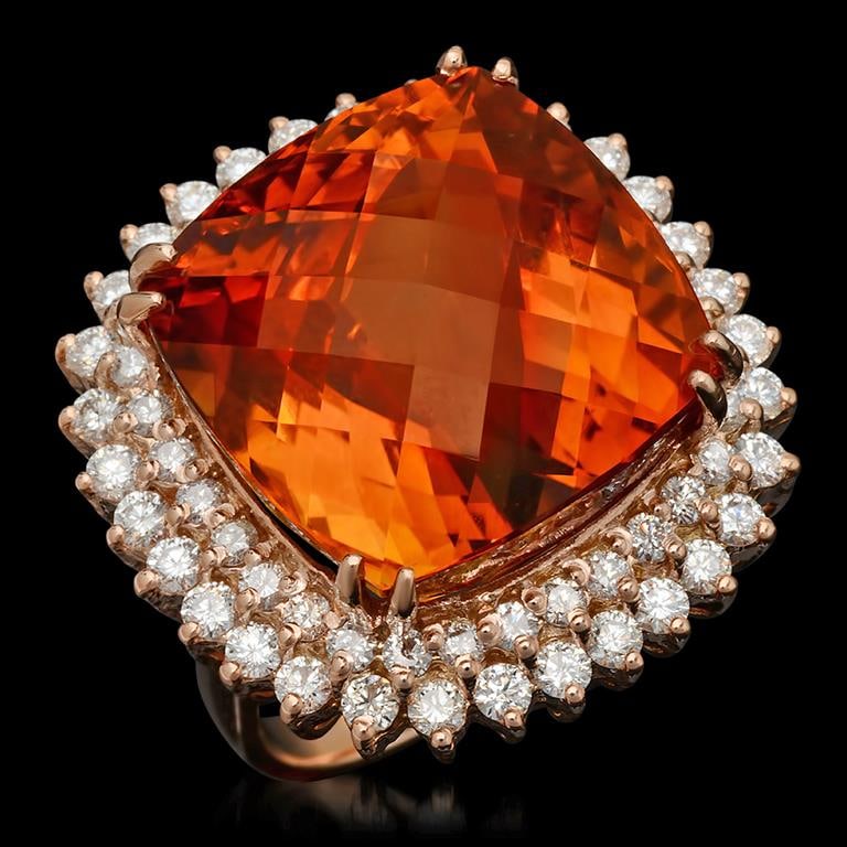 14k Gold 29.81ct Citrine & 2.10ct Diamond Ring: Retail: $18,110.00******14k Gold Citrine & Diamond Ring****** Metal: 14K Solid Rose Gold / Total Item Weight: 16.8 grams / Country Made: United States / / Main Stone: Citrine / Color: Orange / Carat T