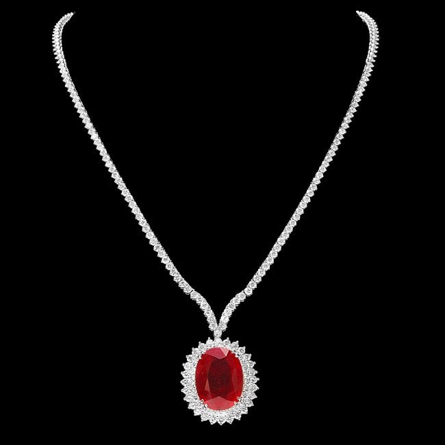 18k Gold 27.00ct Ruby 9.00ct Diamond Necklace: Retail: $58,400.00 ****** 18k Gold 27.00ct Ruby 9.00ct Diamond Necklace ****** Metal: 18k Solid White Gold / Size: 16.5 / Total Item Weight: 33.0 grams / Country Made: United States / / Main Stone: Ru
