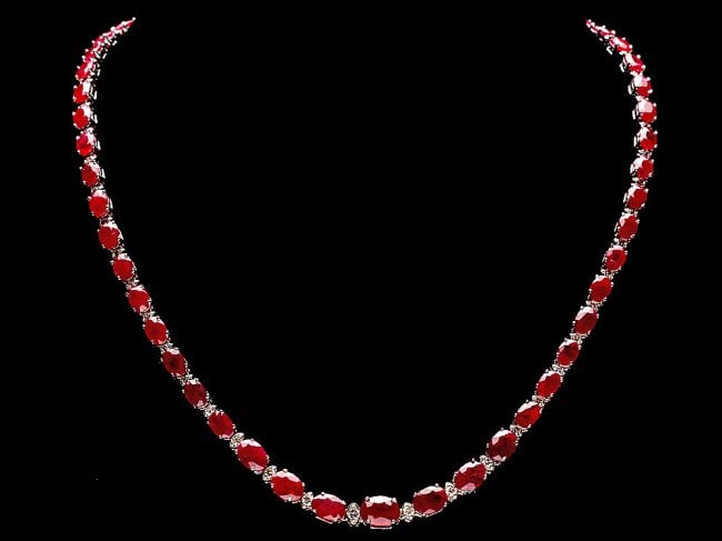 14k Gold 37.00ct Ruby 1.45ct Diamond Necklace: Retail: $24,500.00 ****** 14k Gold 37.00ct Ruby 1.45ct Diamond Necklace ****** Metal: 14k Solid White Gold / Size: 17 / Total Item Weight: 21.5 grams / Country Made: United States / / Main Stone: Ruby