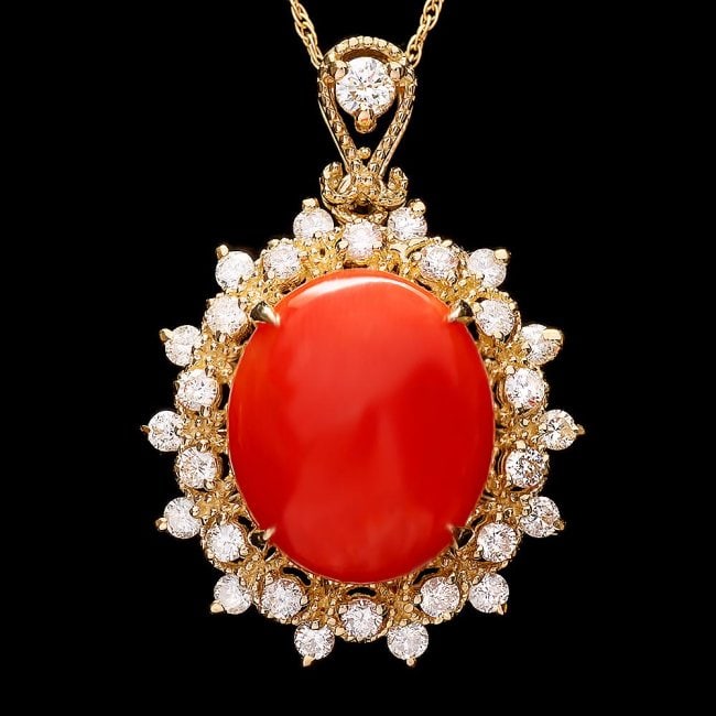 14k Gold 5.70ct Coral 0.80ct Diamond Pendant: Retail: $8,500.00 ****** 14k Gold 5.70ct Coral 0.80ct Diamond Pendant ****** Metal: 14k Solid Yellow Gold / Size: 16 / Total Item Weight: 5.0 grams / Country Made: United States / / Main Stone: Coral 