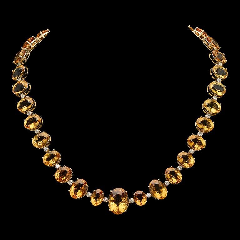 14K Gold 141.39ct Citrine 4.05ct Diamond Necklace: Retail: $53,716.00 ******14K Gold Citrine & Diamond Necklace****** Metal: 14K Solid Yellow Gold / Total Item Weight: 70.1 / Country Made: United States / / Main Stone: Citrine / Color: Orange / Carat 