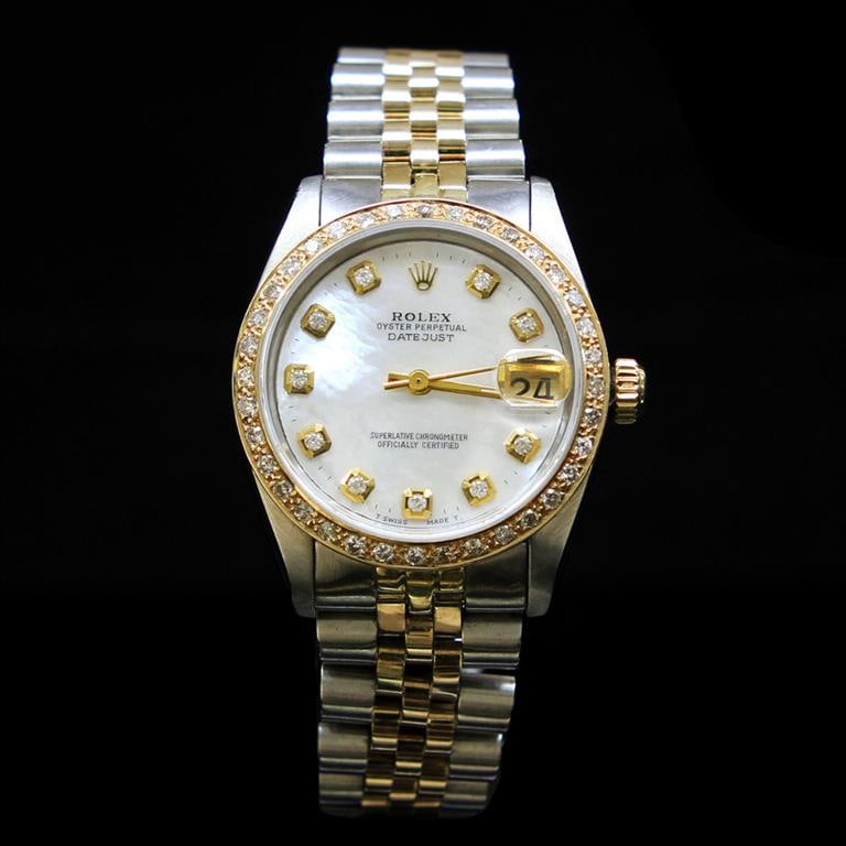 Rolex Two-Tone DateJust 31mm White MOP Dial Diamond Bezel Aprox. 1.5 cts. Wristwatch: ****** Rolex Two-Tone DateJust 31mm White MOP Dial Diamond Bezel Aprox. 1.5 cts. Wristwatch ****** One Unisex, Rolex Two-Tone DateJust 31mm White MOP Dial Diamond Bezel Aprox. 1.5 cts. Wristwatch Stai