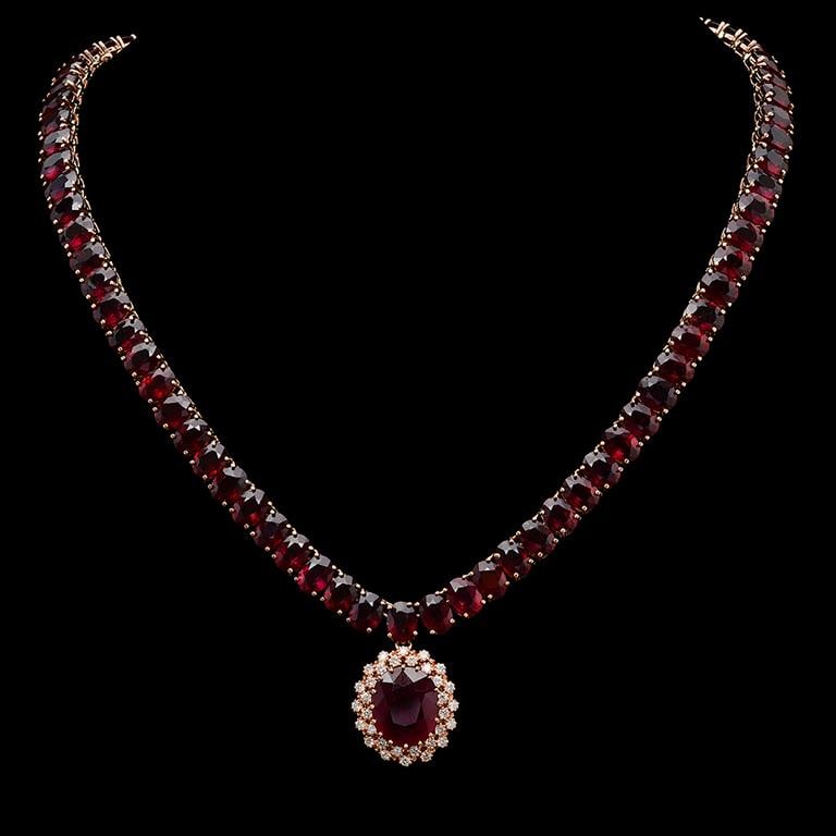14K Gold 142.96ct Ruby & 1.10ct Diamond Necklace: Retail: $53,262.00******14K Gold Ruby & Diamond Necklace****** Metal: 14K Solid Rose Gold / Total Item Weight: 70.0 grams/ Country Made: United States / / Main Stone: Ruby / Color: Red / Carat Total W
